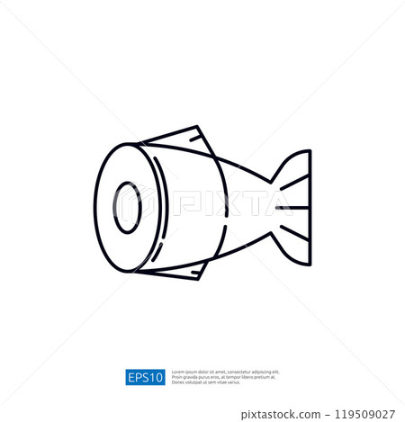 A simple line drawing of a bomb, designed with a cylindrical body and fins, representing military or explosive themes. 119509027