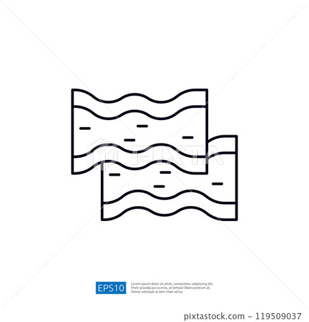 The image depicts two wavy sheets, likely representing bacon or a similar food item, emphasizing its texture and shape in a simple line drawing style. The image depicts two wavy sheets, likely representing bacon or a similar food item, emphasizing its texture and shape in a simple line drawing style. 119509037