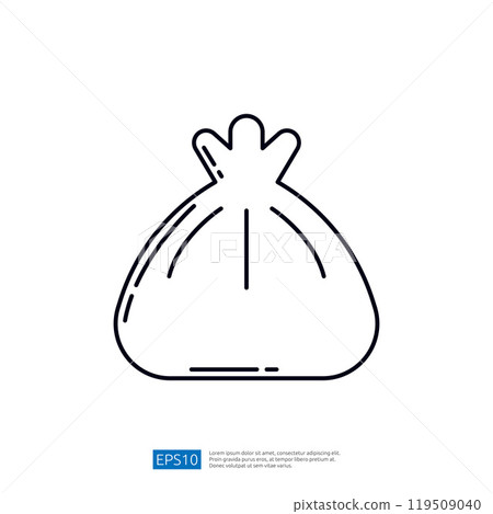 A simple line drawing of a bag, typically representing a sack or pouch, often used for carrying items or as a symbol for waste disposal. 119509040