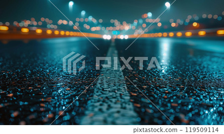 Asphalt road heads directly towards the capital city, the distant silhouette of skyscrapers 119509114