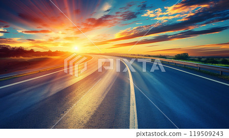 Empty asphalt road glistens under the scorching desert sun 119509243