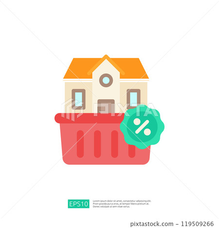 A stylized illustration of a house inside a shopping basket, symbolizing home buying or real estate offers. 119509266
