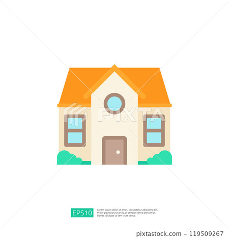 A simple, colorful illustration of a house with an orange roof, blue windows, and a brown door, surrounded by green bushes, representing home and comfort. A simple, colorful illustration of a house with an orange roof, blue windows, and a brown door, surrounded by green bushes, representing home and comfort. 119509267