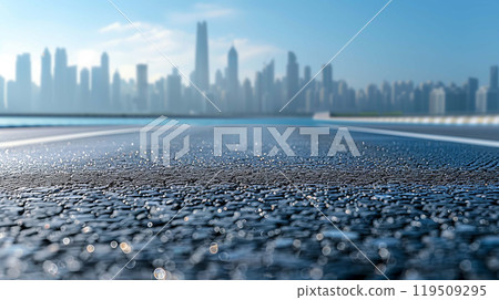 Empty road creates a stark contrast to the vibrant city it approaches 119509295