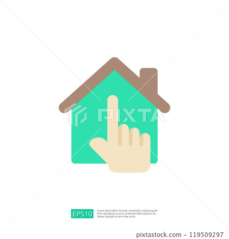 This image features a stylized house icon with a hand pointing at it, symbolizing interaction or selection, often used in digital interfaces. 119509297