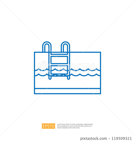 A simple line drawing of a swimming pool with a ladder and waves, representing leisure and relaxation. 119509321