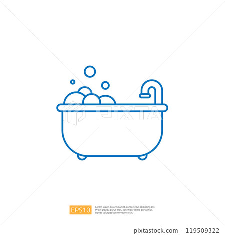 A simple line drawing of a bathtub filled with bubbles, representing relaxation and hygiene. A simple line drawing of a bathtub filled with bubbles, representing relaxation and hygiene. 119509322