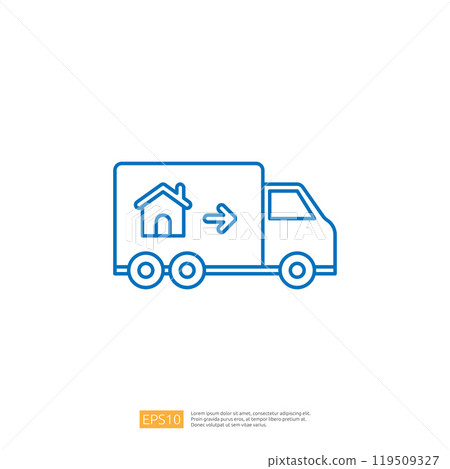A simple line drawing of a moving truck with a house icon and an arrow, symbolizing relocation or moving services. A simple line drawing of a moving truck with a house icon and an arrow, symbolizing relocation or moving services. 119509327