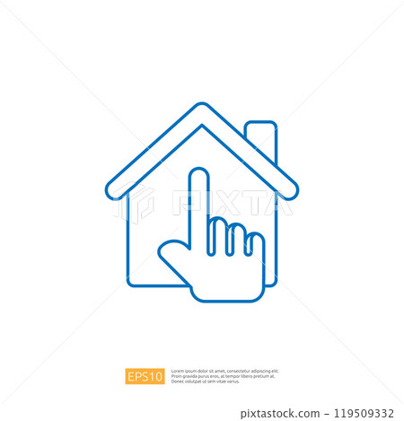 The image features a simple line drawing of a house with a hand pointing at it, suggesting interaction or selection. The image features a simple line drawing of a house with a hand pointing at it, suggesting interaction or selection. 119509332