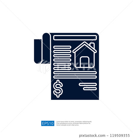 The image depicts a rolled document with a house icon and a dollar sign, symbolizing real estate or property transactions. The image depicts a rolled document with a house icon and a dollar sign, symbolizing real estate or property transactions. 119509355