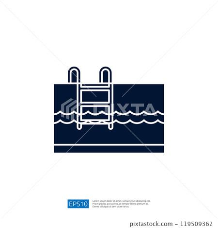 A simple graphic representation of a swimming pool ladder against a backdrop of water waves, emphasizing leisure and recreation. 119509362