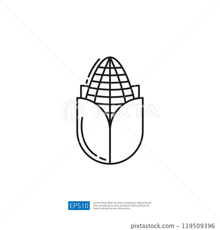 A minimalistic line drawing of a corn cob, depicted with an outer husk, symbolizing agriculture and food production. A minimalistic line drawing of a corn cob, depicted with an outer husk, symbolizing agriculture and food production. 119509396
