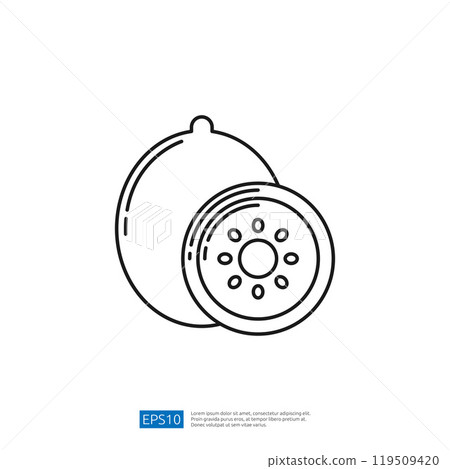 The image features a simple line drawing of a whole fruit and a sliced piece, showcasing its seeds and structure. It represents a fresh, healthy food option. 119509420