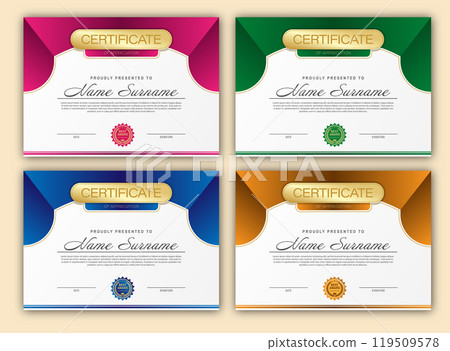 Certificate. A set of mock-ups of the certificate of recognition of education, training, achievements. Four color designs Certificate. A set of mock-ups of the certificate of recognition of education, training, achievements. Four color designs 119509578