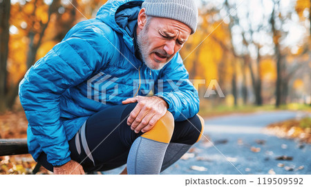 Mature Man Struggling with Knee Pain While Jogging in a Serene Nature Park 119509592