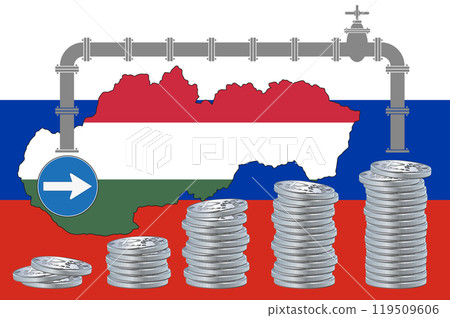Outline map of Hungary with the national flag and a gas cock on the Russian flag. Stack of coins similar to Russian ruble and arrow sign. Illustration. 119509606