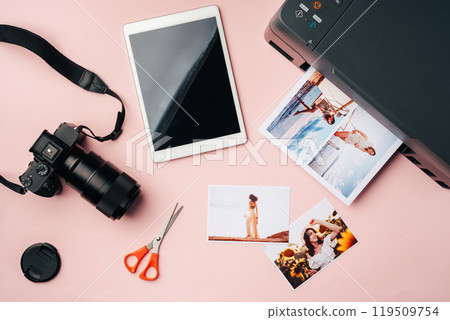 Printer, photo camera and digital tablet on table. Printing photos concept 119509754