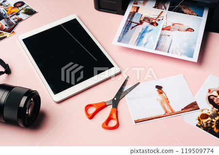 Printer, photo camera and digital tablet on table. Printing photos concept 119509774