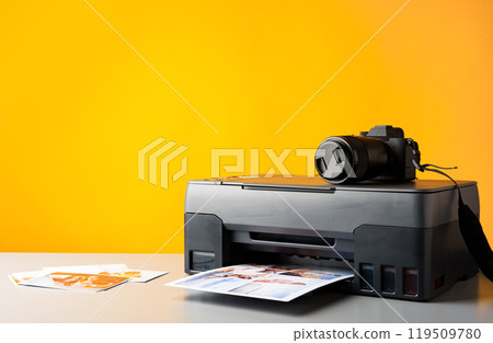Printer and photo camera on table. Printing photos concept 119509780