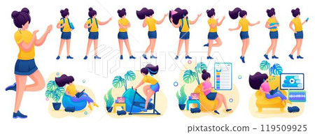 Young girl in various poses and actions, communication, work, training. 2D flat character vector illustration N4 119509925