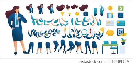 Constructor for creating a Businesswoman N2. Create your own Businessman character with a Set of hands and feet. Flat 2D characters 119509929