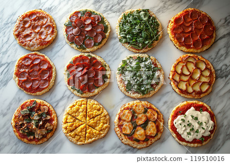 Artistic arrangement of delicious pizzas showcasing diverse toppings on marble 119510016