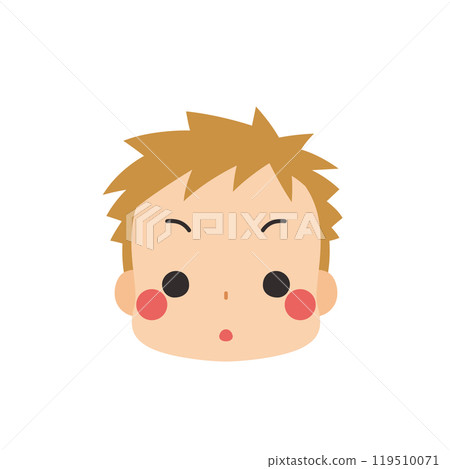 Emoji illustration of a cute little boy blushing, icon, face, expression, white background, vector 119510071