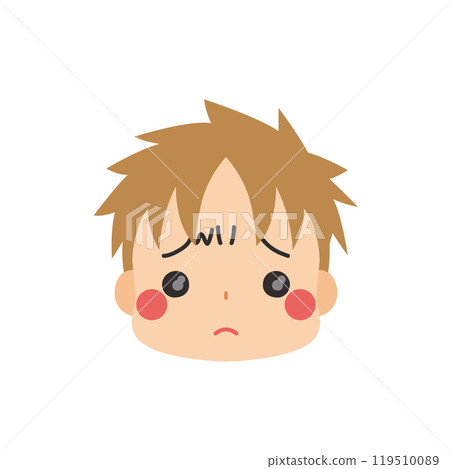 Emoticon illustration of a cute little boy with a sad expression, icon, face, white background, vector 119510089