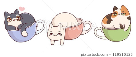 Kawaii cats in cups set isolated on white Kawaii cats in cups set isolated on white 119510125