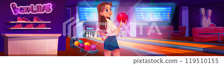 Young woman with ball in bowling club Young woman with ball in bowling club 119510155