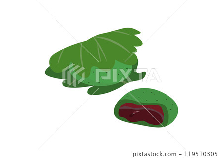 Illustration of mugwort kashiwamochi and half a mugwort kashiwamochi 119510305