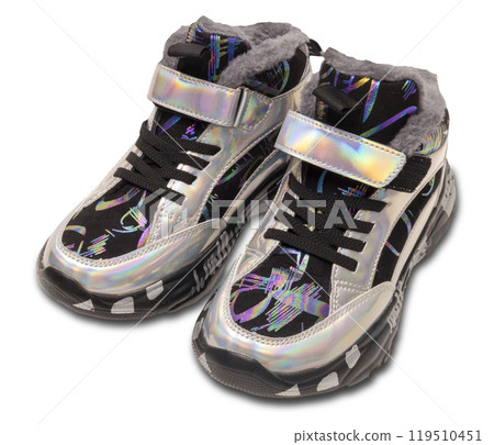 Side view of stylish kids shoes featuring metallic iridescent design, isolated on white background. Playful, bold footwear perfect for active children. Modern, trendy look. Fashion. Side view of stylish kids shoes featuring metallic iridescent design, isolated on white background. Playful, bold footwear perfect for active children. Modern, trendy look. Fashion. 119510451