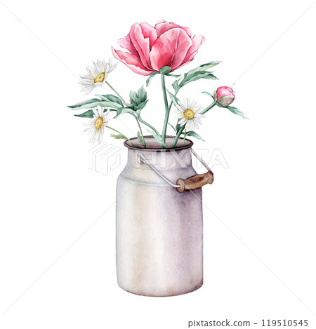 Watercolor bouquet of delicate pink peony and chamomile flowers in full bloom. Hand drawn illustration beautiful floral flower in light color metal can for milk. Summer botanical plant on isolated. 119510545