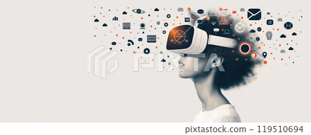 A young woman wearing a virtual reality headset engages with an array of digital icons, representing a world of possibilities and innovation. 119510694