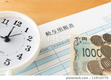 Pay slip, watch and cash, minimum wage 119510779