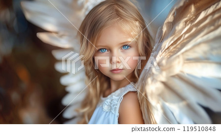 Little blue-eyed angel girl with blond hair. Child with A child with white wings. Purity and innocence. Generated by AI 119510848