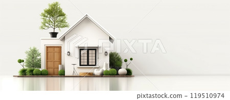 A cozy, contemporary cottage with vibrant greenery, featuring a welcoming entrance and minimalist design, set against a calm backdrop. 119510974