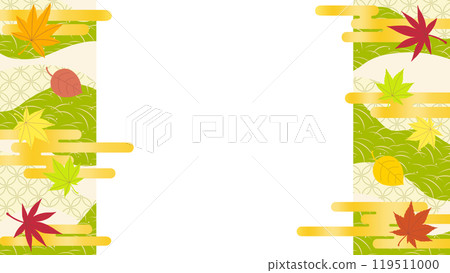 Background illustration material featuring autumn leaves and gold clouds on a Japanese pattern background 119511000