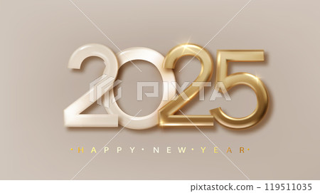 2025 Happy new year design with realistic gold metal number. Premium Christmas festive vector design for poster, banner, greeting. 119511035