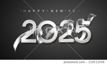 2025 Happy New Year with silver realistic ribbon on black background. Christmas holiday background. 119511036