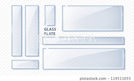 Glass transparent banners set isolated. Realistic glass plate with reflections, glares and light Glass transparent banners set isolated. Realistic glass plate with reflections, glares and light 119511055