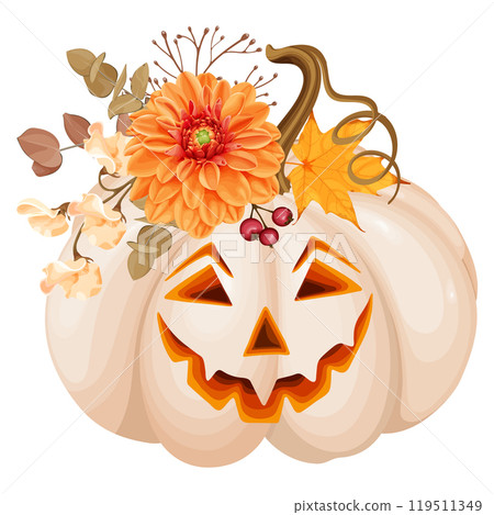 A charming autumn vector illustration featuring a carved beige pumpkin lantern with a smiling face. A charming autumn vector illustration featuring a carved beige pumpkin lantern with a smiling face. 119511349