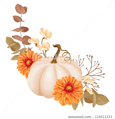 A beautiful autumn-themed vector illustration featuring a beige pumpkin adorned with a vibrant orange dahlia, autumn leaves, berries, and foliage. 119511353