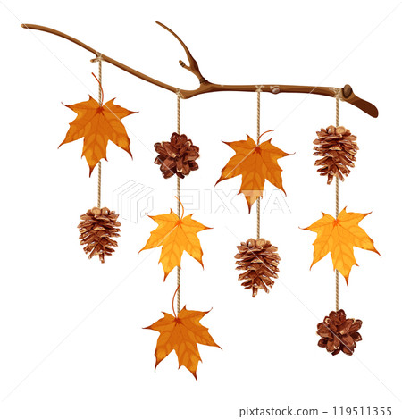 An autumn-themed hanging decor featuring a branch with maple leaves and pinecones suspended on ropes. Vector illustration. 119511355