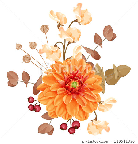 Vector illustration of an autumn bouquet featuring a bright orange dahlia flower, dry twigs, berries, and brown leaves. Vector illustration of an autumn bouquet featuring a bright orange dahlia flower, dry twigs, berries, and brown leaves. 119511356