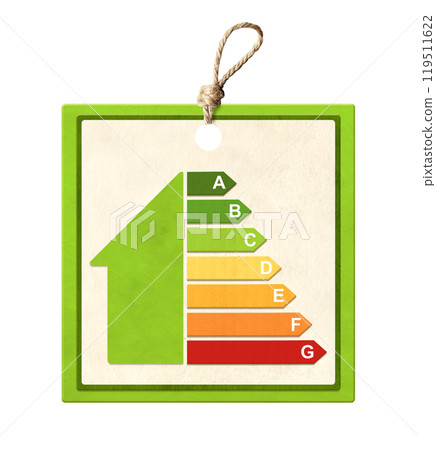 Paper cardboard label with energy efficiency chart. Retro tag with eco paper texture and energy efficiency symbol. Energy class, bioenergetic, ecology concept. Isolated on white background 119511622