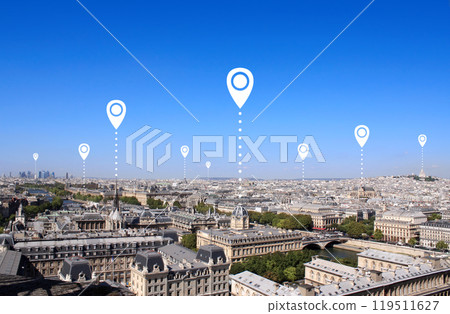 Network connection concept. Aerial view on old houses in Paris and location pins. Global positioning system pin map. Map pins with Paris, France. Aerial town view from Cathedral Notre Dame de Paris 119511627
