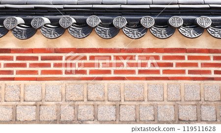 Stucco wall of traditional Korean house with oriental decorative roof tile. Oriental horizontal background. Mock up template. Copy space for text 119511628