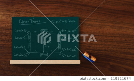 大學經濟系研究的博弈論數學模型：一塊數學賽局樹和木紋背景的黑板 119511674