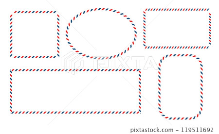 Airmail blank postcard template retro border envelope with stripes. Paper texture, vintage mail. Air post letter. Blank envelope 119511692